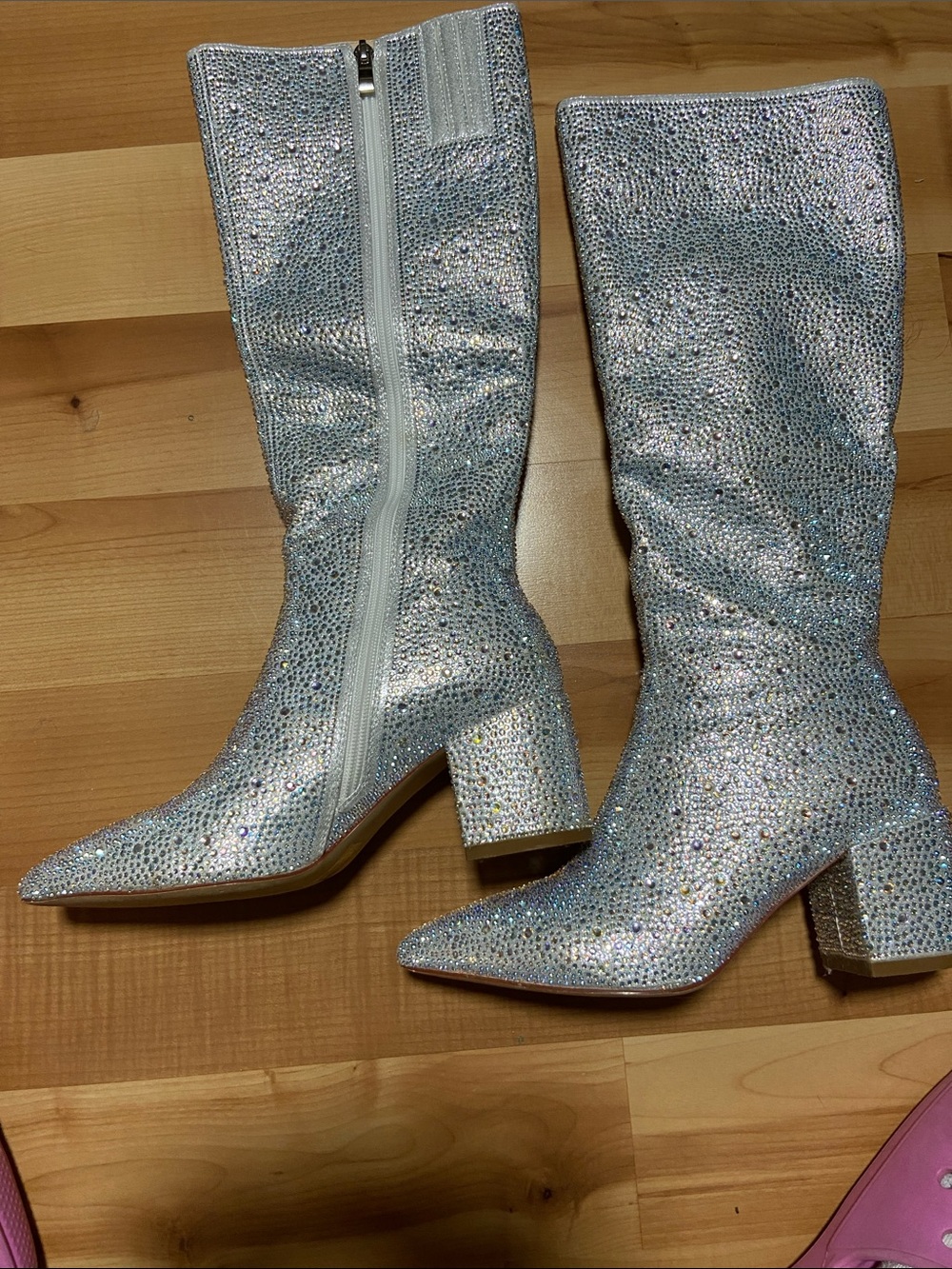 Silver Crystal Mid-Calf Block Heel Boots — Sparkling Women's Party Boots
